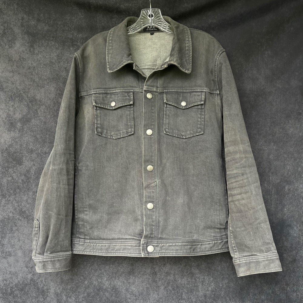 APC Rue Madame Paris Mens Large Faded Black Gray Designer Denim Trucker Jacket
